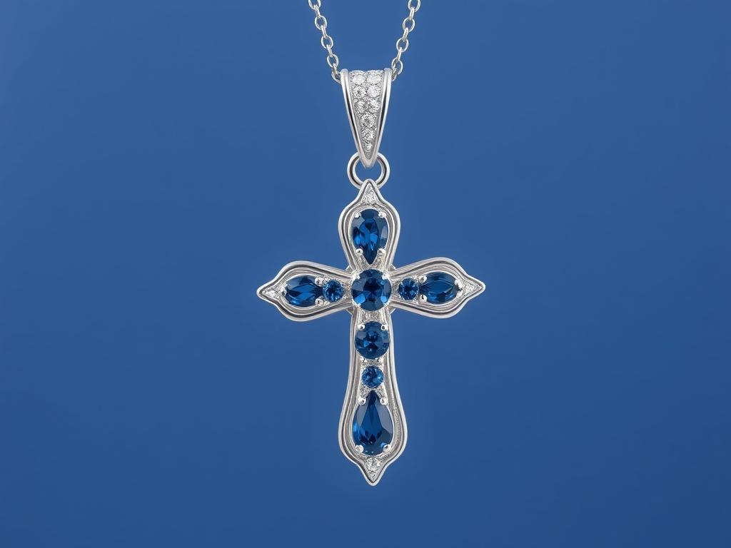 Women's cross pendant made of white gold with sapphires Women's cross pendant made of white gold with sapphiresфото